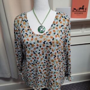 🍀Zac & Rachel V-neck Top Gray With Burnt Orange And Green Flower Design XL